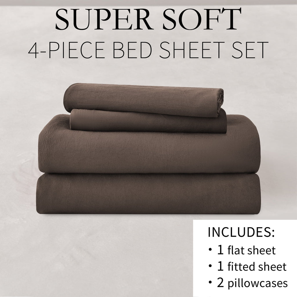 Jessy Home Bed Sheets Set 4 Piece Queen/Full Sheet Set Brown Gray Cotton Blend Fitted Sheet, Flat Sheet & 2 Pillowcases Bedding Set - Image 5